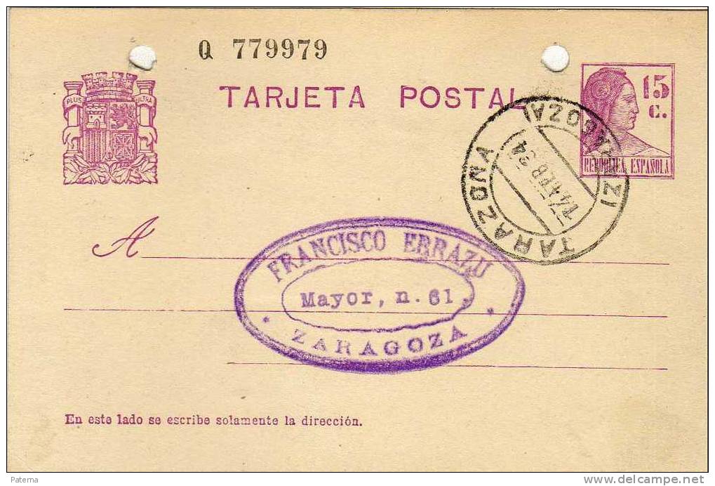 3554  Entero Postal, TARAZONA, 1934, Zaragoza , Republica Española,   Entier Postal - 1931-....