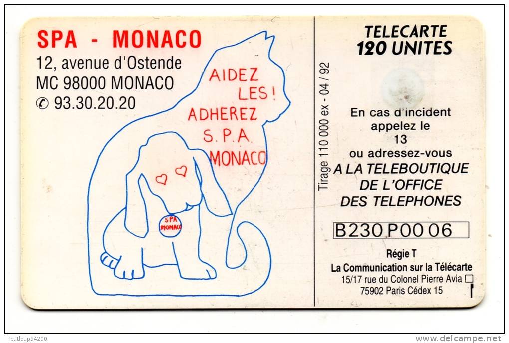 TELECARTE   MONACO   Sociéte Protectrice Des Animaux - Monace