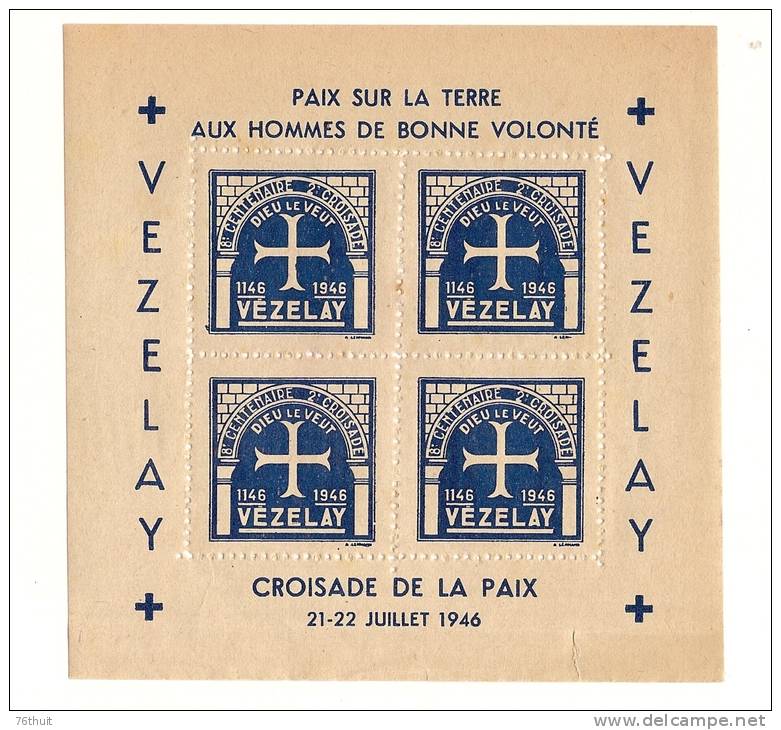 1946 - VEZELAY - CROISADE DE LA PAIX- 8 éme Centenaire - Vignettes - Used