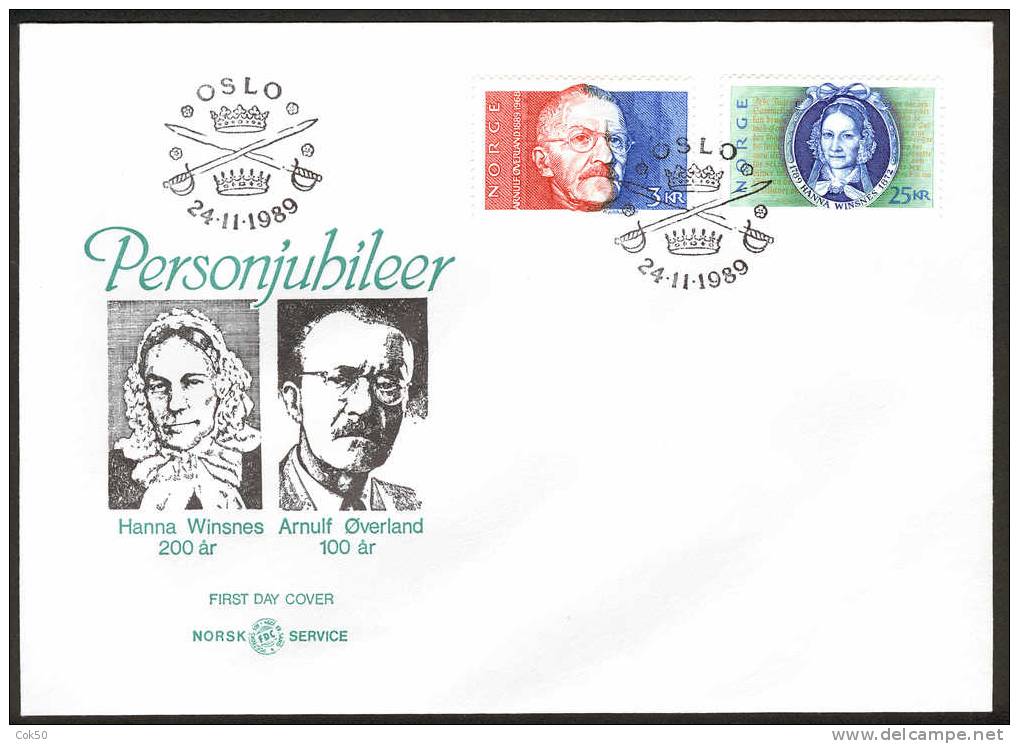 NORWAY FDC 1989 «Poets Överland + Winsnes». Perfect, Cacheted Unadressed Cover - FDC