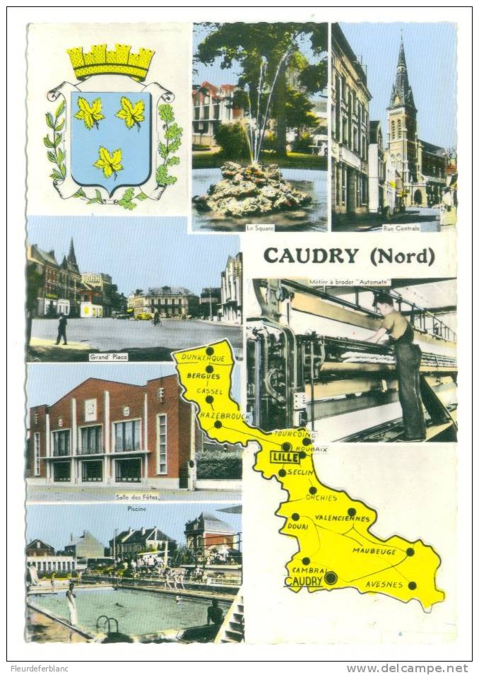 CAUDRY  (59) - CPSM Multivue - Blason, Carte, Piscine, Metier A Broder Automate, Salle Des Fêtes, Square, Grand Place - Caudry