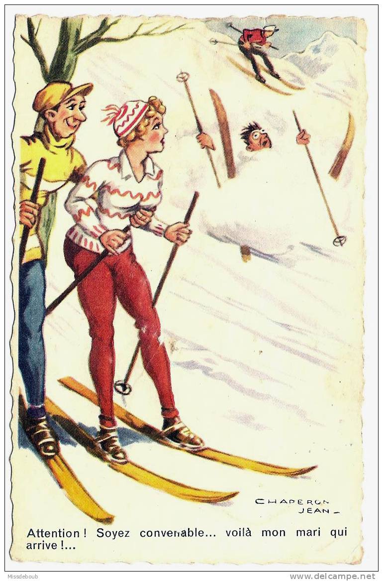 Ilustration De Jean Chaperon - Couple En Ski - "attention Soyez Convenable ... " Dos Vierge - Sports D'hiver