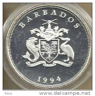 BARBADOS $1 QUEEN MOTHER BACK EMBLEM FRONT 1994 SILVER  PROOF KM57 READ DESCRIPTION CAREFULLY !!! - Barbados