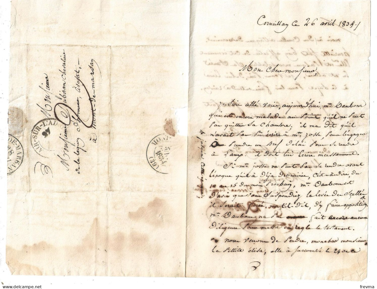 Lettre Adressée Mr Dubiran Chevalier De La Legion D'honneur Avocat A Mont De Marsan Ecrite A Corneillan Par Dubache 1834 - Seals Of Generality