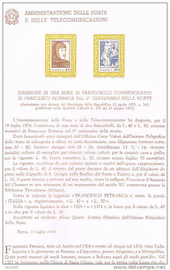 ITALIA REPUBBLICA - BOLLETTINI ILLUSTRATIVI - 1974 BOLLETTINO N. 240 - FRANCESCO PETRARCA - Abarten Und Kuriositäten