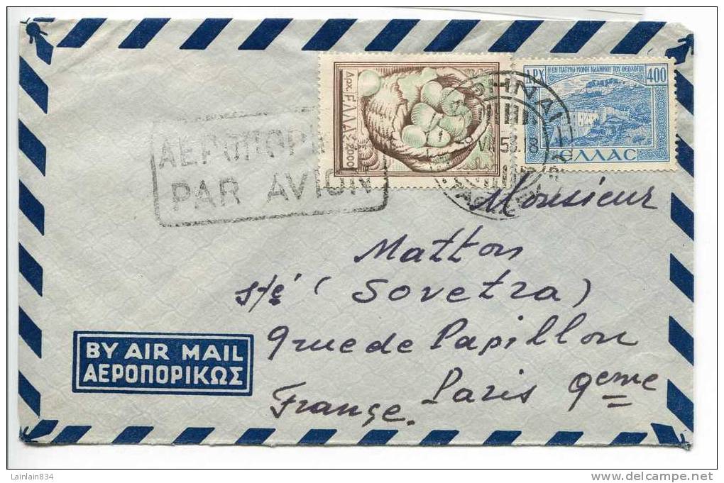 - Cover Par Avion - 2 Timbres - Grèce Pour Paris 9 éme, 1953 ?, Très Bon état. - Usados