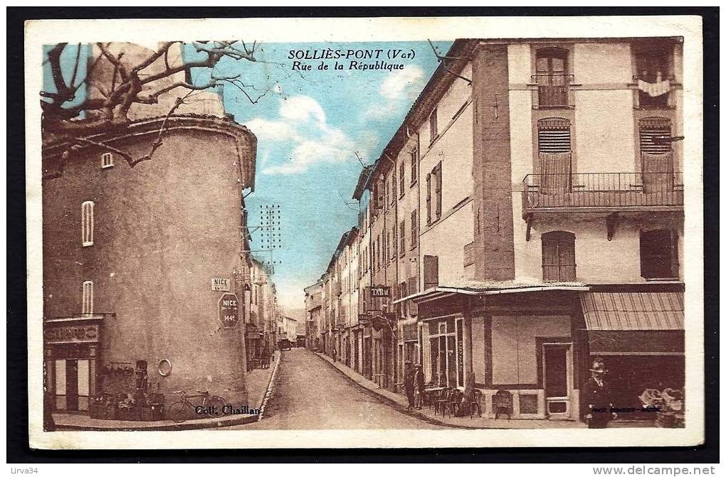 CPA  ANCIENNE- FRANCE- SOLLIES-PONT (83)- RUE DE LA REPUBLIQUE EN GROS PLAN COLORISÉ- ANIMATION- CAFÉ- COMMERCES - Sollies Pont