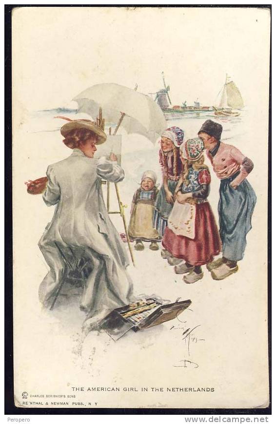 HARRISON FISHER Signed   "THE AMERICAN GIRL IN THE NETHERLANDS"    Old Postcard 1911. - Fisher, Harrison