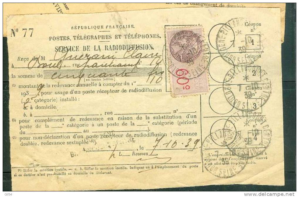 Quittance Service De La Radiodiffusion De 1939 , Oblitéré CAD Boulogne Billancourt Sur Fiscal 60 Centimes - Bb116 - Radiodifusión