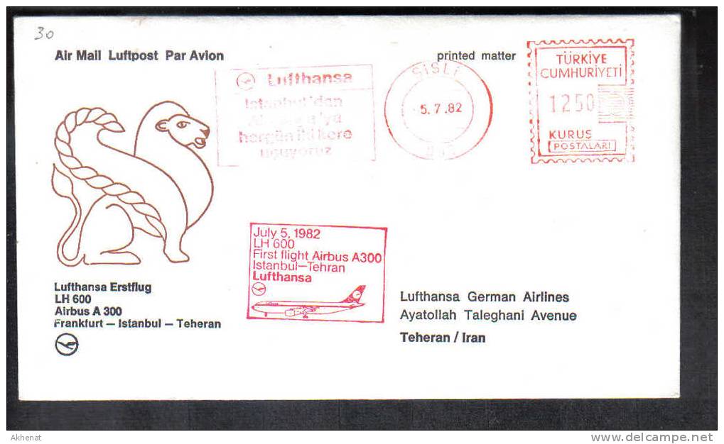 VOL30 - TURCHIA , LUFTHANSA 1° Volo Instanbul Teheran  5/7/1982.  Rossa - Cartas & Documentos