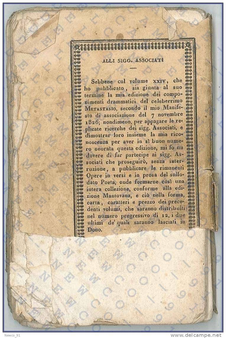 OPERE DI PIETRO METASTASIO - COL DONO DI DUE VOLUMI, TOMO XXVI - COMPONIMENTI DIVERSI - VENEZIA GIUSEPPE ANTONELLI, 1829 - Grandi Autori