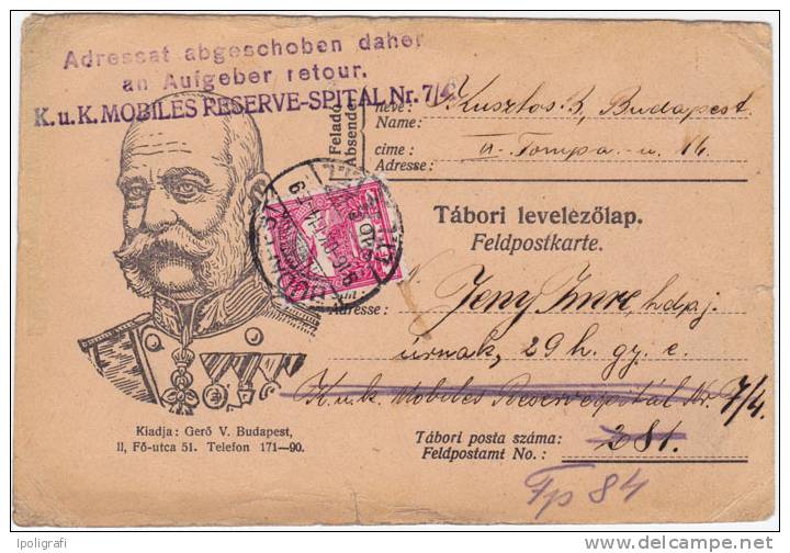 Hungary 1916 - Feldpost Postcard With Portrait Of Emperor Franz Joseph, To A Soldier In Hospital - 14-10-16 - 1. Weltkrieg