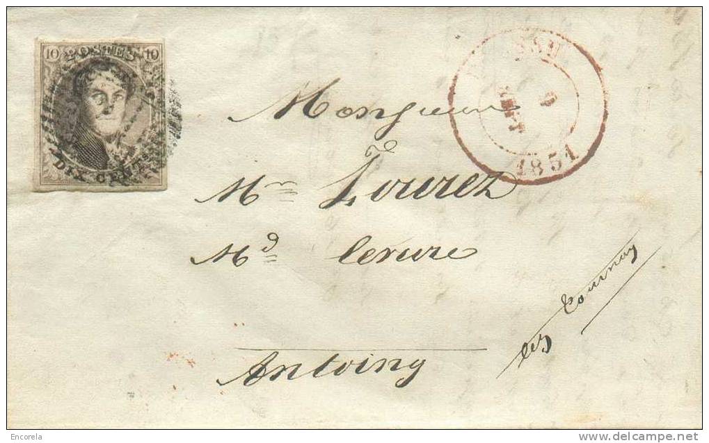 Médaillon 10 Cent. Brun, TB Margé, Obl. P.21 S/L. De BOUSSU Le 9 Sept.1851 Vers Antoing.  Superbe - 6814 - 1849-1850 Medaglioni (3/5)