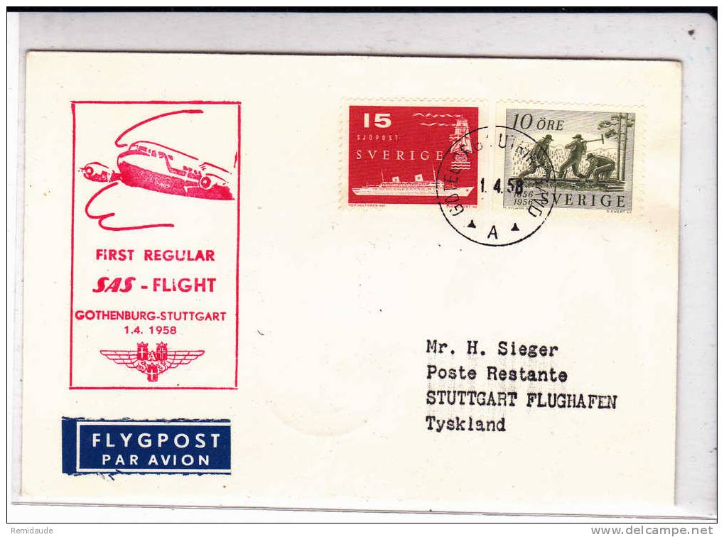 SVERIGE - 1958 - LETTRE  Par AVION - 1° VOL SAS De GOTHENBURG  Pour STUTTGART - Covers & Documents