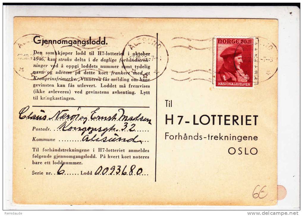 NORGE - 1946 - SEUL Sur CARTE POSTALE De LOTTERIE De ALESUND Pour OSLO - Briefe U. Dokumente