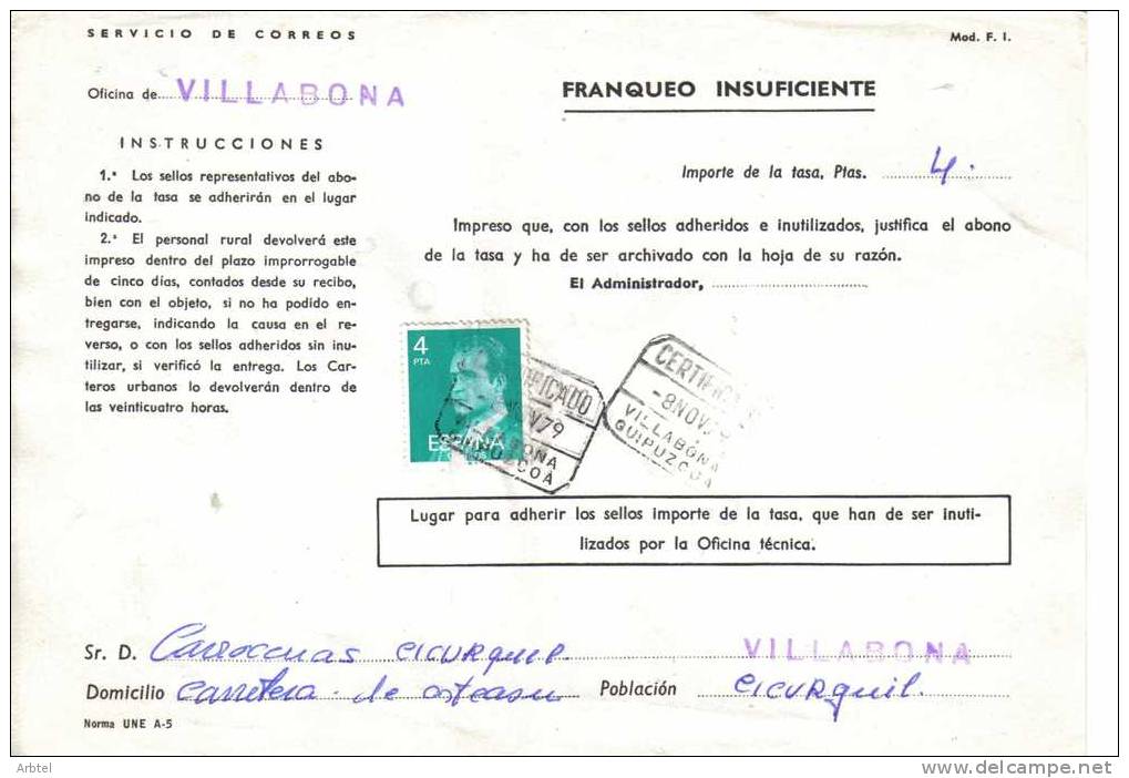 DOCUMENTO INTERNO DE CORREOS INSUFICIENCIA DE FRANQUEO 1979 CON MAT CERTIFICADO VILLABONA GUIPUZCOA - Variétés & Curiosités