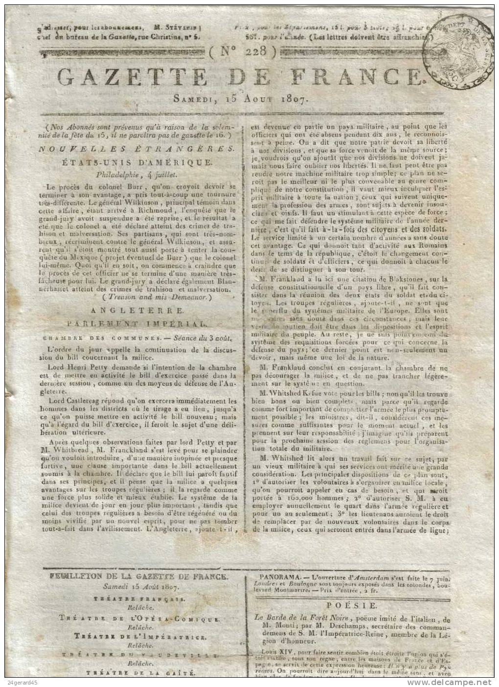 JOURNAL QUOTIDIEN "GAZETTE DE FRANCE" N°228 DU 15/08/1807 - 1er Quotidien De France L´ancêtre Du J.O - 1800 - 1849