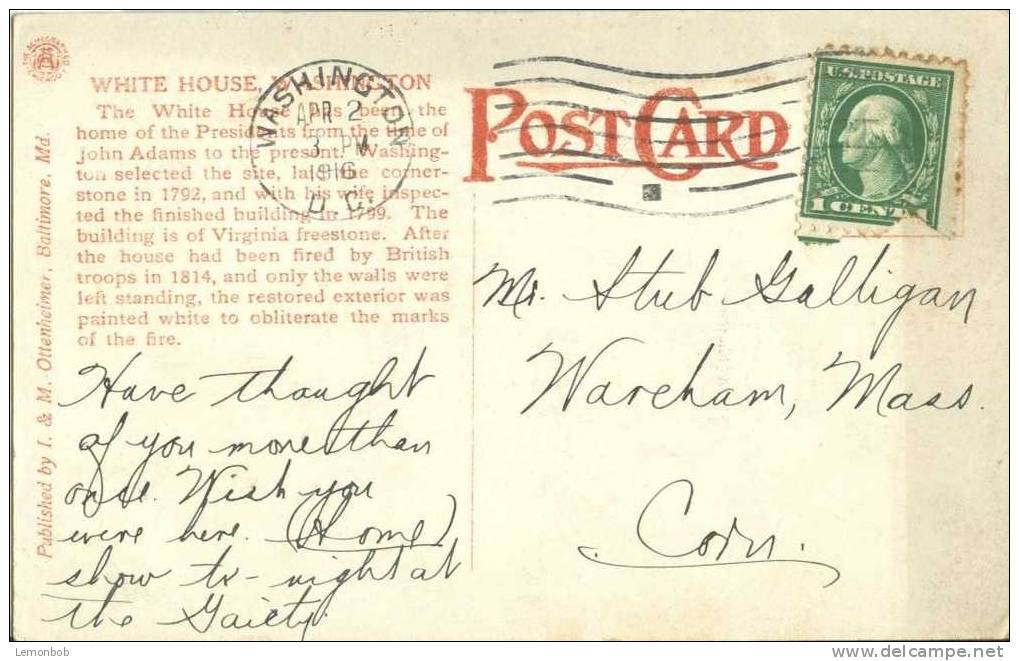 USA – United States – White House, Washington D.C. 1916 Used Postcard [P3653] - Washington DC