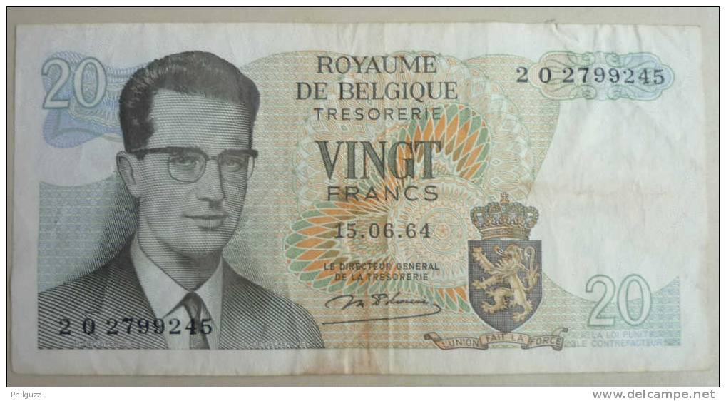 1964 BELGIUM BELGIQUE BAUDOUIN 20 FRANCS  2O 2799245 BILLET - [ 9] Sammlungen