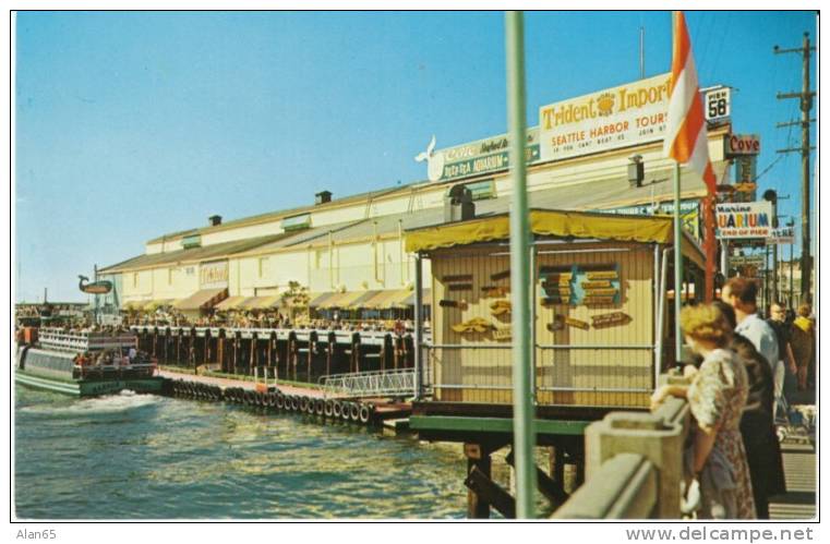 Seattle WA Waterfront, Trident Imports &amp; Aquarium Pier, On C1950s/60s Vintage Chrome Postcard - Seattle