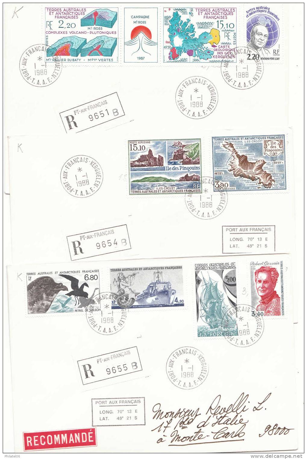 TAAF  6 ENVELOPPES RECOMMANDEES POUR MONACO  1988 'ANNEE COMPLETE)  BASE PORT-AUX-FRANCAIS TB  CACHETS D'ARRIVEE - Lots & Serien