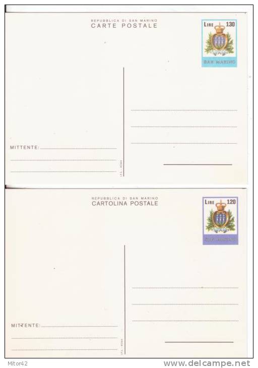 C43+C44-Due Interi Postali-Cartolina Postale-S.Marino Stemma L.120 +130-Nuovi-New - Entiers Postaux