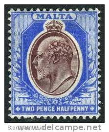 Malta #35 Mint Hinged 2-1/2p Ultra & Brown Violet King Edward VII From 1904 - Malte (...-1964)