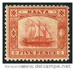 Malta #44 Mint Hinged 5p Red Ancient Galley From 1904 - Malte (...-1964)