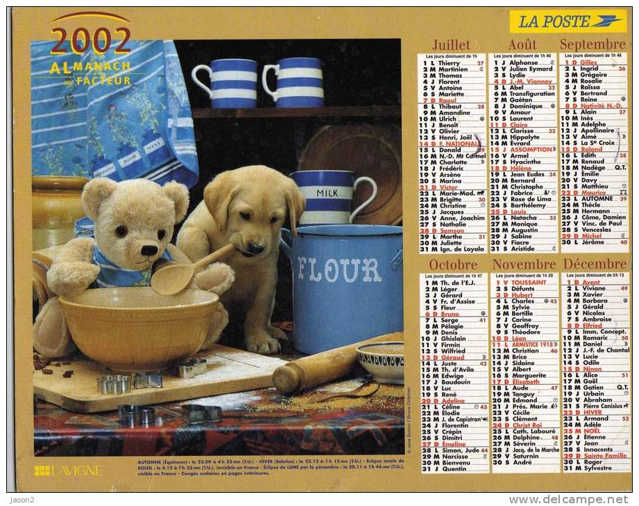 Almanach Du Facteur 2002 LAVIGNE Dep Calvados Chien Et Ours En Peluche, Chatons - Grand Format : 2001-...