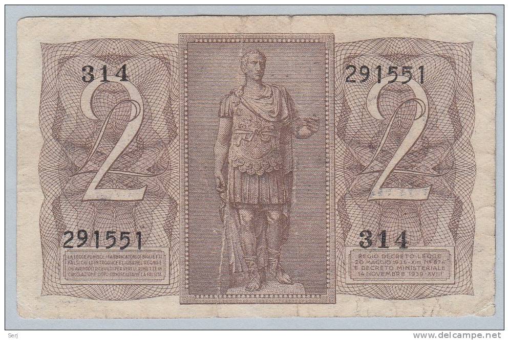 Italy 2 Lire 1939 VF CRISP Banknote P 27 - Regno D'Italia – 2 Lire