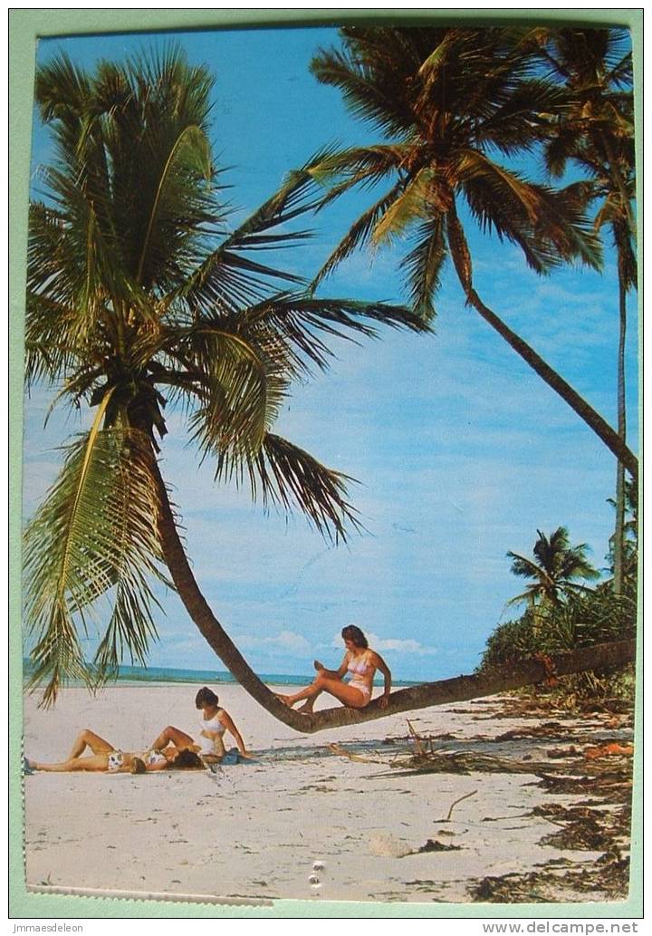 Kenya 1987 Postcard To England UK - Coast Coconut Women Bikini - Flowers ( 3.5 Sh - Scott # 257, Cat Val = 1.50 $) - Kenya (1963-...)