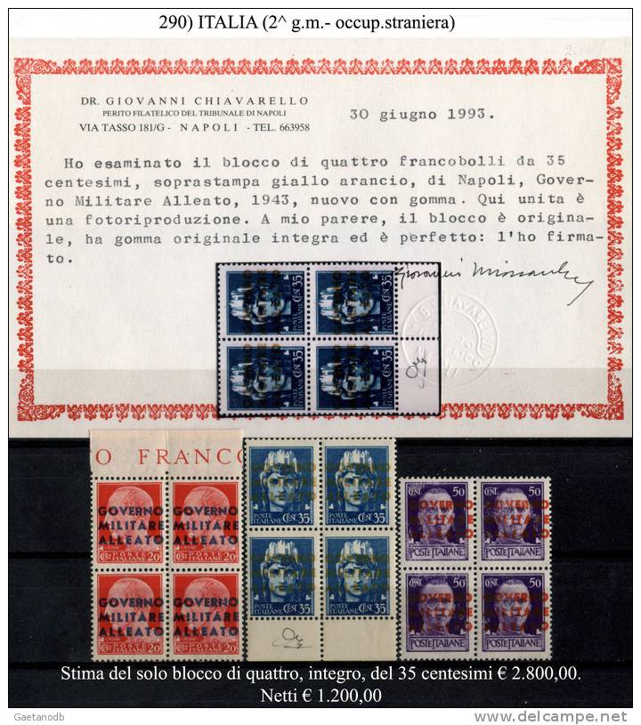 Italia-F00290 - Block Of Four Stamps Italy King 1929, Over Printing "Allied Military Government" - See Certificate. - Occup. Anglo-americana: Napoli