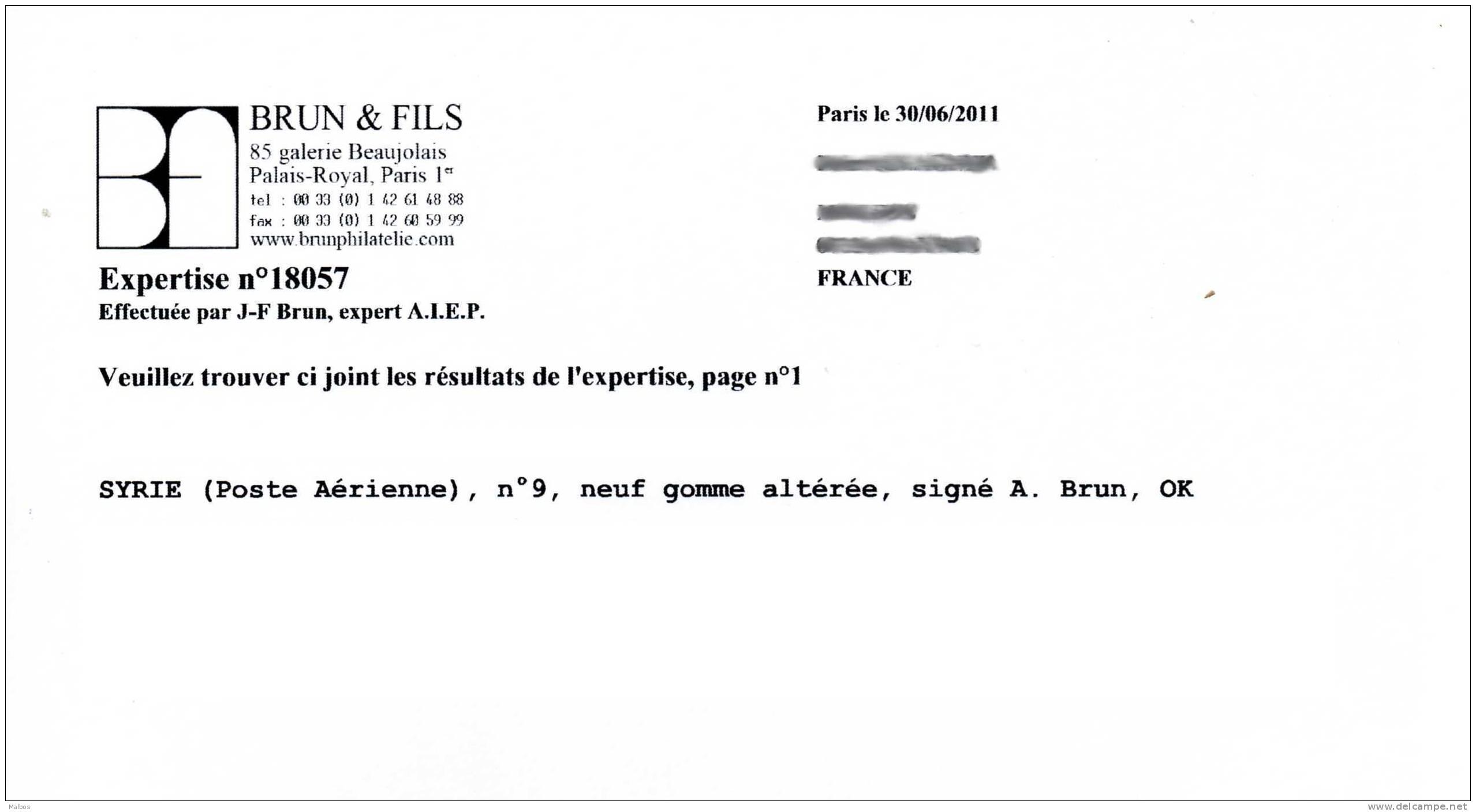 SYRIE (Fr.)   Aéro 1921   (*)   Y&T N° 9  - Gomme Altérée & Charnière - (signé  A. BRUN - Expert  PARIS) - Luftpost