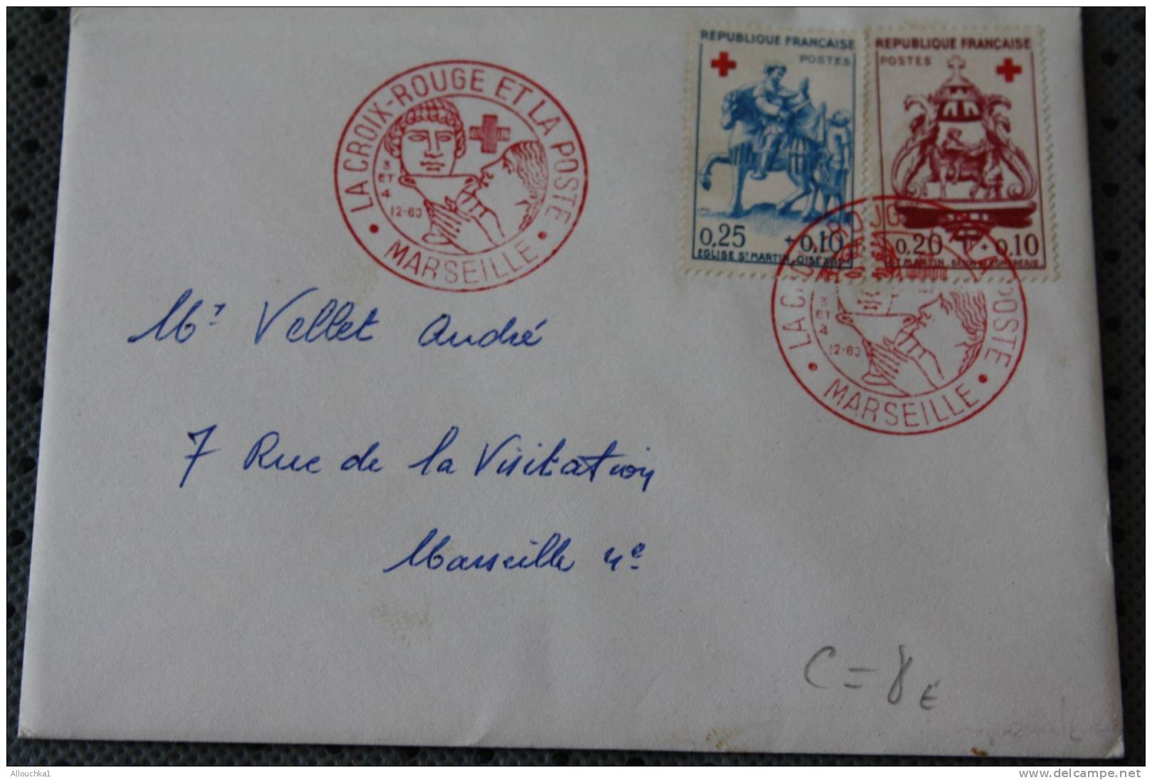 LETTRE LA POSTE ET LA CROIX ROUGE RED CROSS CACHET COMMEMORATIF ROUGE XIII EXPOSITION MARSEILLE 3&amp;4-12-1963 COTE 8 E - Red Cross