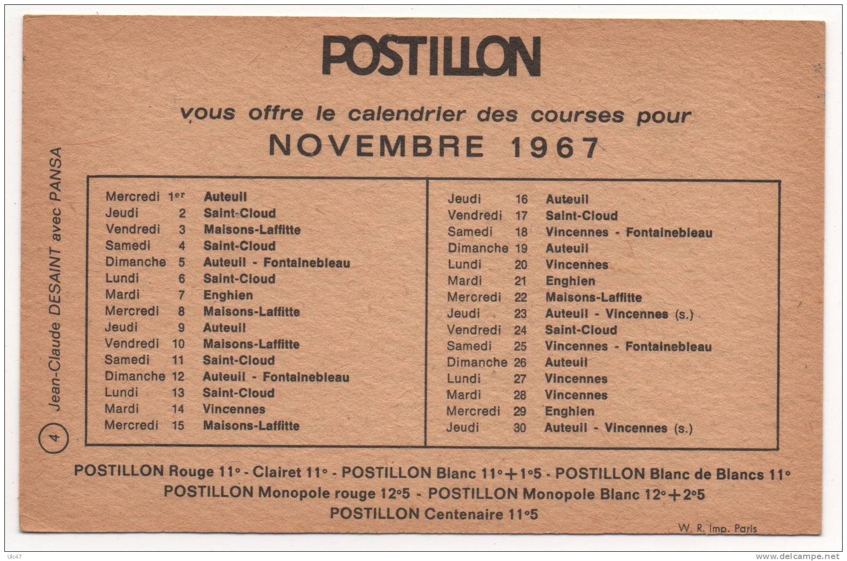 - Jean Claude DESSAINT Avec PANSA - Pub Postillon, Calendrier Des Courses Novembre 1967 - Scan Verso - - Ippica