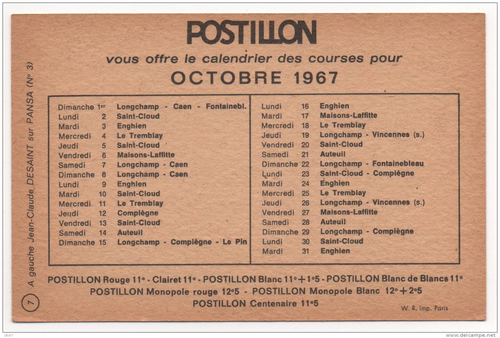 - Jean Claude DESSAINT Sur PANSA - Pub Postillon, Calendrier Des Courses Octobre 1967 - Scan Verso - - Paardensport