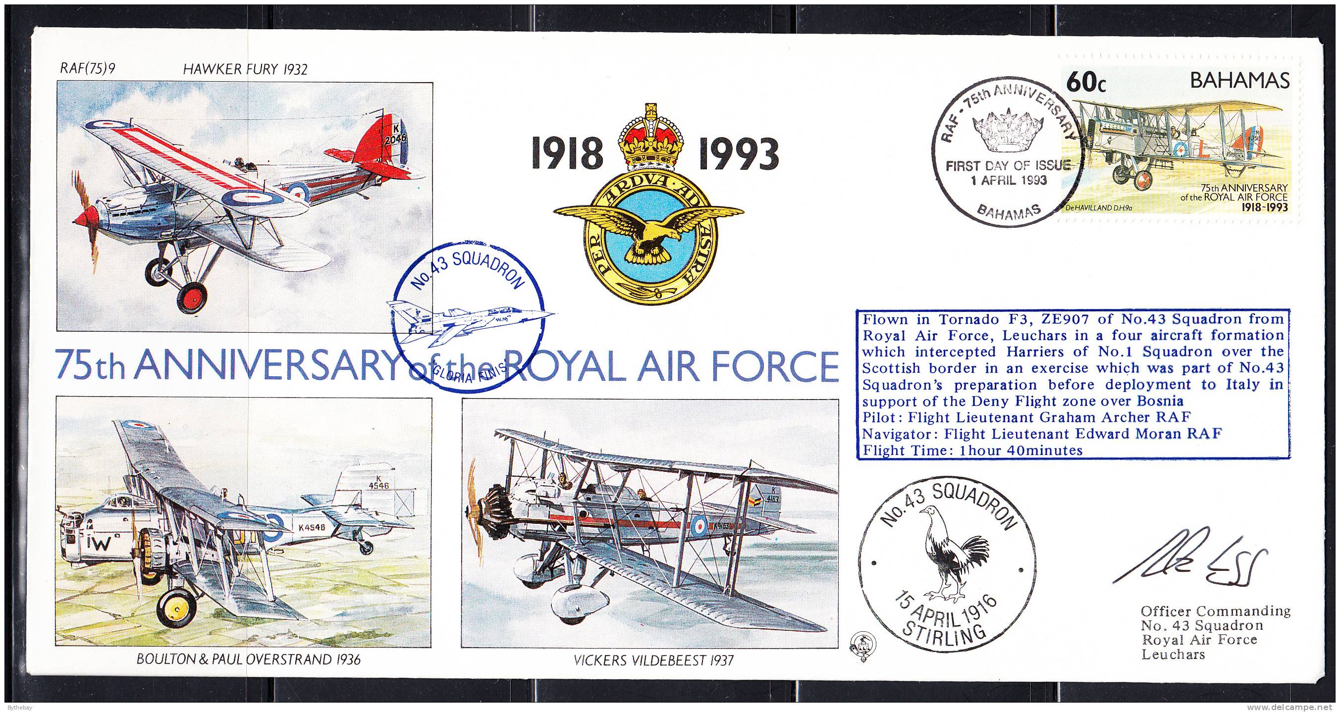 RAF 75th Anniversary FDC Bahamas Scott #775d 60c DeHavilland DH9a No. 43 Squadron - Bahamas (1973-...)