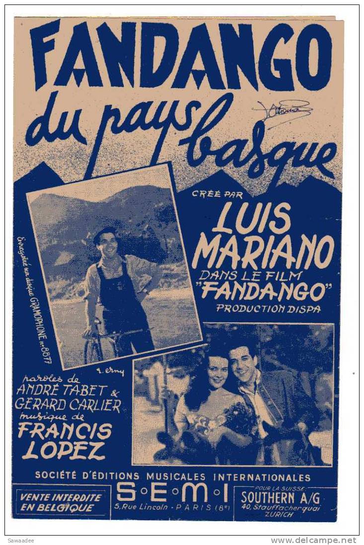 PARTITION - FANDANGO DU PAYS BASQUE - PAROLES : TABET ET CARLIER - MUSIQUE : FRANCIS LOPEZ - LUIS MARIANO - FILM - Gesang (solo)