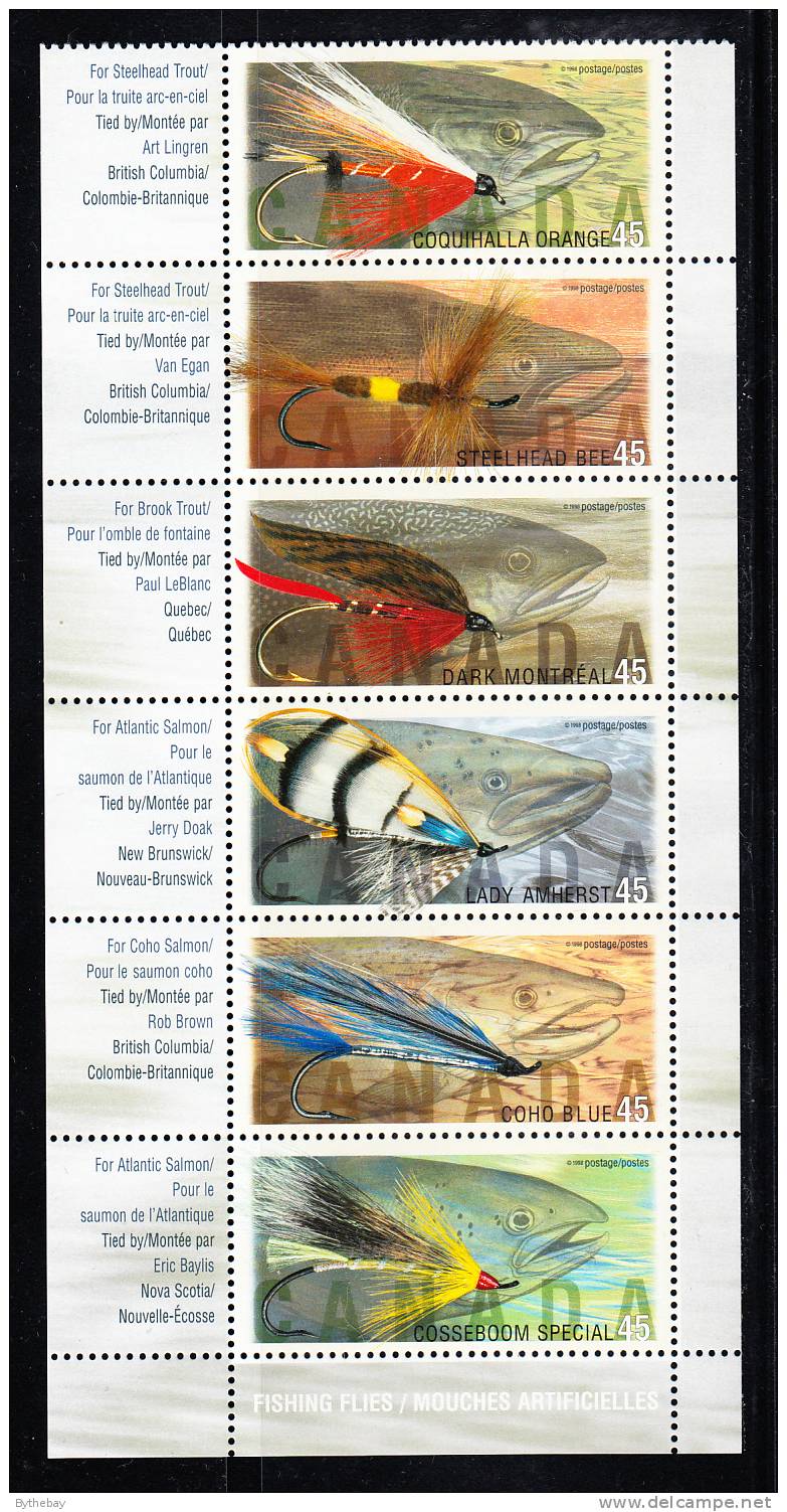 Canada Scott #1720aii MNH Strip Of 6 Plus Side And Bottom Tabs Never Folded 45c Fishing Flies - Unused Stamps