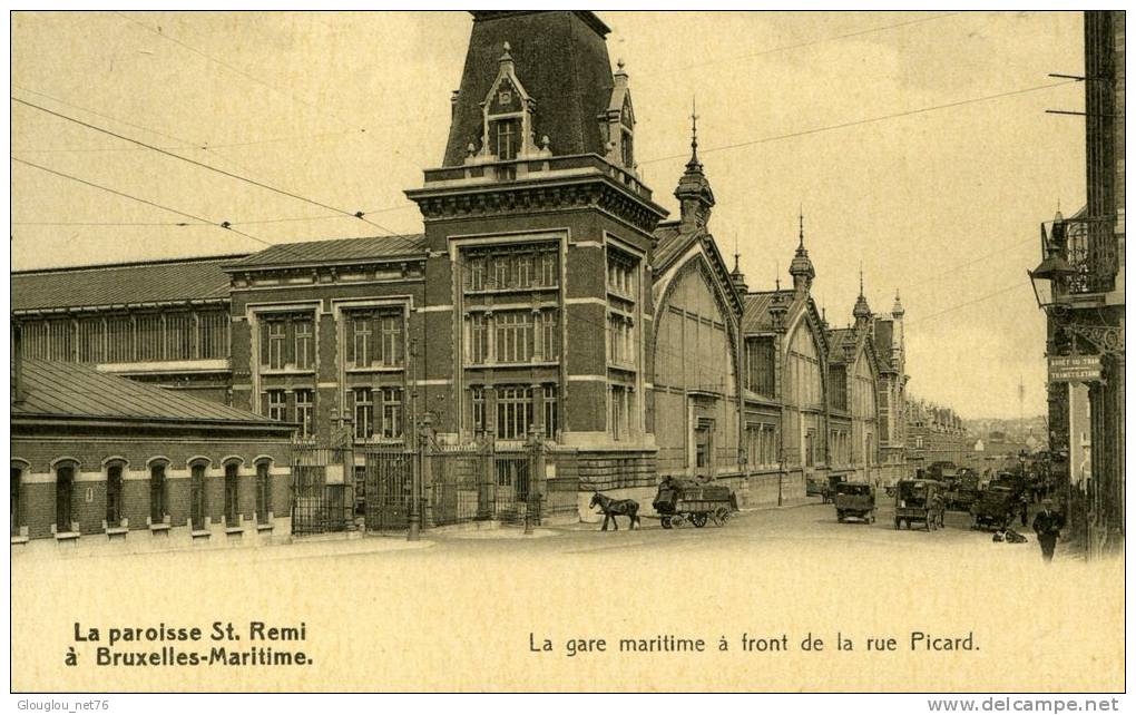 BRUXELLE-MARITIME..LA PAROISSE ST-REMI...LA GARE MARITIME A FRONT DE LA RUE PICART...CPA ANIMEE - Spoorwegen, Stations