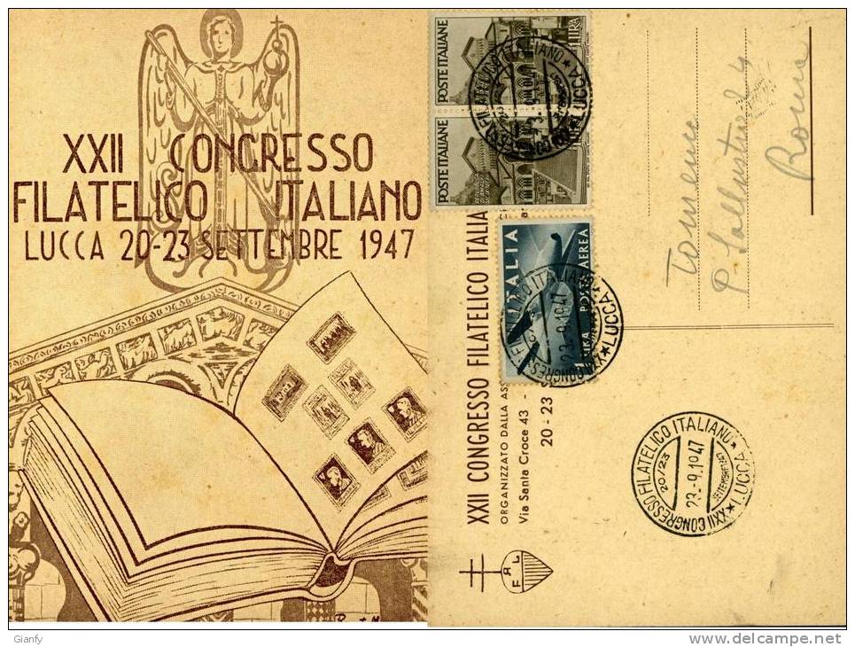 LUCCA XII CONGRESSO FILATELIA 1947 AFFRANCATURA BELLA - Bolsas Y Salón Para Coleccionistas