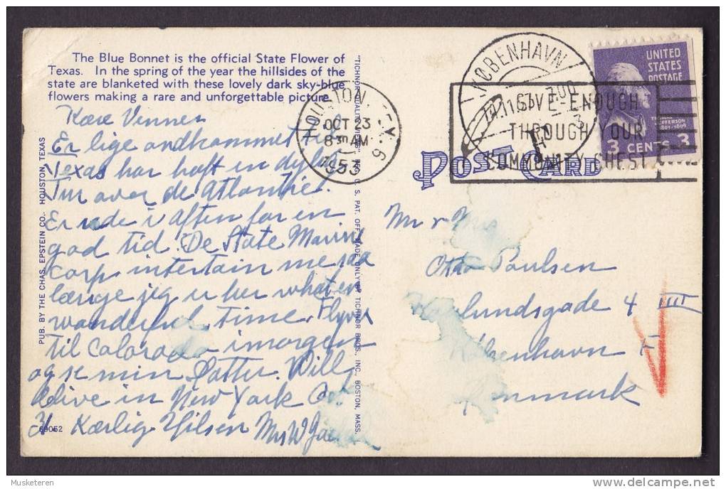 United States PPC TX - Blue Bonnets The State Flower Of Texas HOUSTON 1953 To KØBENHAVN (2 Scans) - Autres & Non Classés