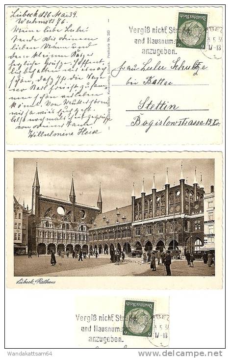 AK 353 Lübeck, Rathaus 26. 5. 39 17-18 LÜBECK Werbestempel Vergiß Nicht Straße Und Hausnummer Anzugeben. Nach Stettin Mi - Luebeck