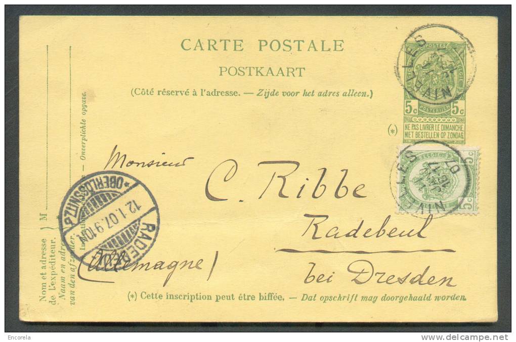 N°56 En Compl. S/E.P. Carte 5 Cent. Obl. Sc NIVELLES 11 Janvier 1907 Vers Radebeul (Dresden) - 7015 - Postkarten 1871-1909