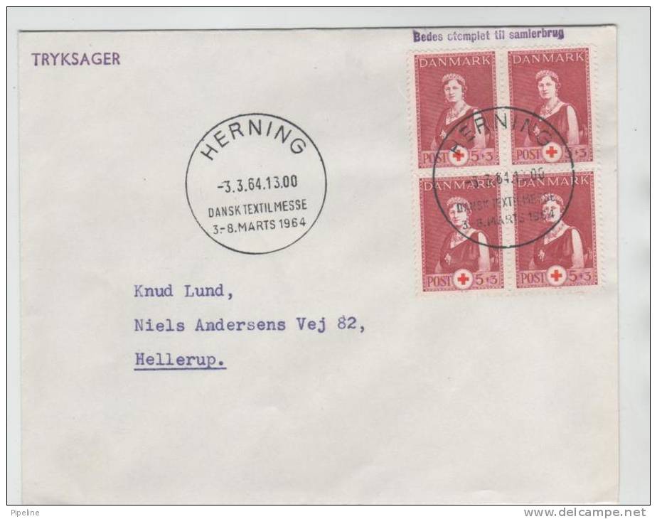 Denmark Cover With A Block Of 4 RED CROSS 3-8/3-1964 International Textile Messe Herning - Storia Postale