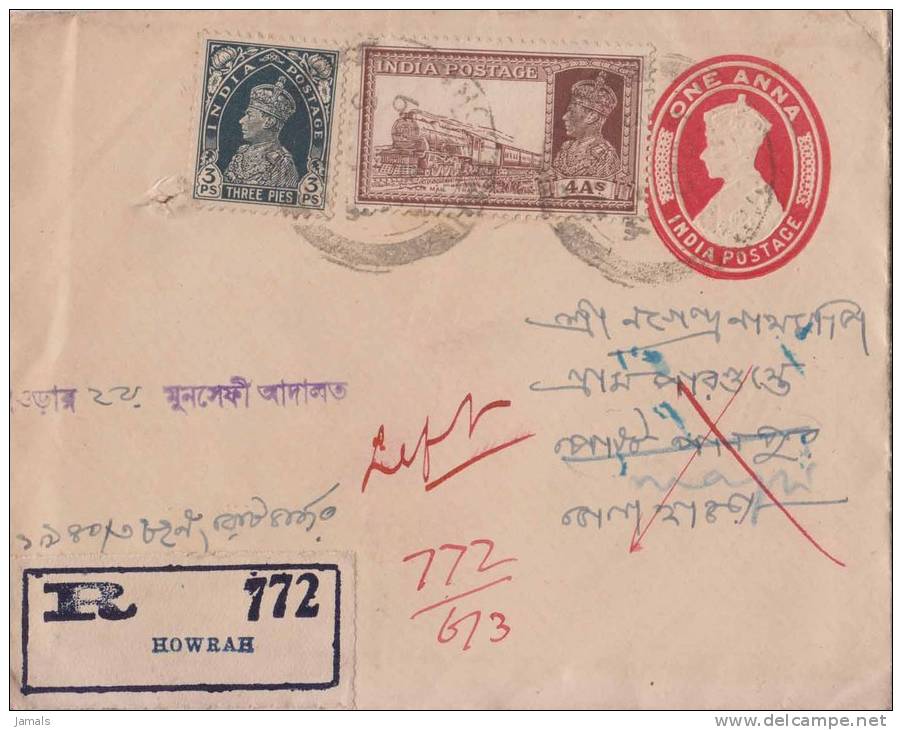 Br India King George VI, Postal Stationery Envelope, Train, Locomotive, Registered Used, India As Per The Scan - 1936-47 Roi Georges VI