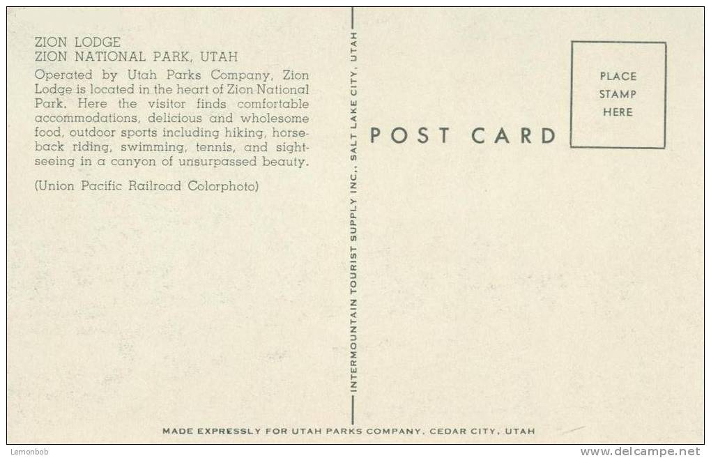 USA – United States – Zion Lodge, Zion National Park, Utah, Unused Postcard [P5538] - Zion