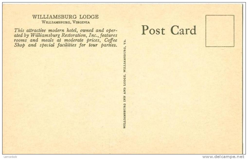 USA – United States – Williamsburg Lodge, Virginia, Early 1900s Unused Postcard [P5550] - Other & Unclassified