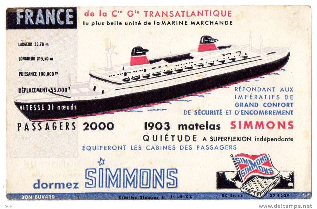 PAQUEBOT FRANCE BUVARD MATELAS SIMMONS - Transportmiddelen