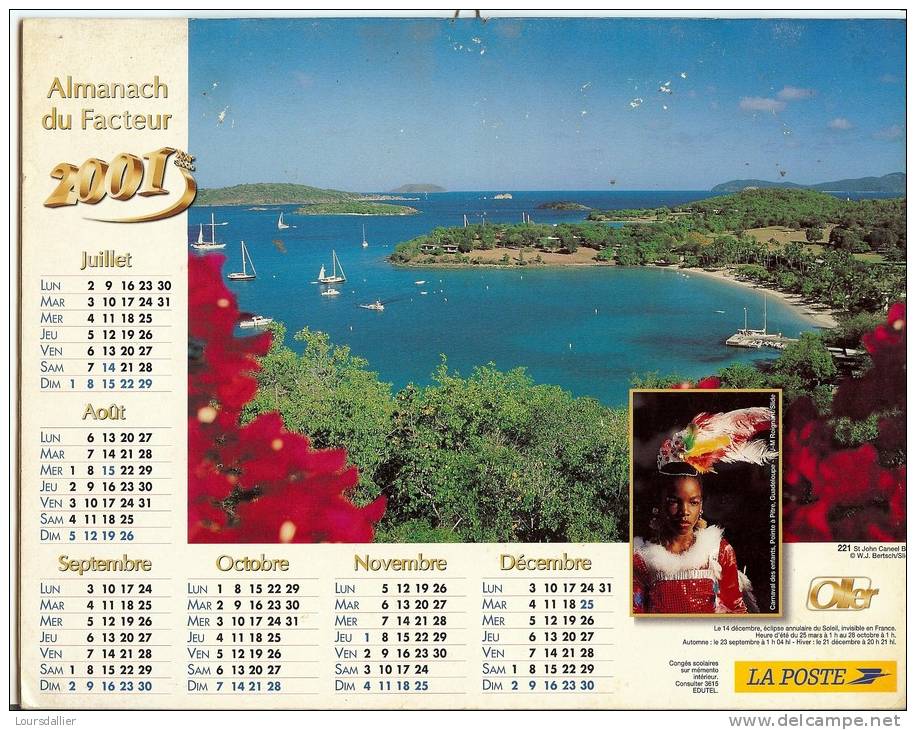 CALENDRIER ALMANACH DES P.T.T.  2001 PIN UP SUR LA PLAGE POISSONS EXOTIQUES CARNAVAL GUADELOUPE - Grand Format : 2001-...